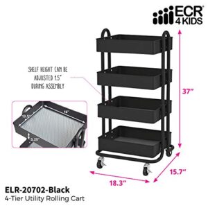 ECR4Kids-ELR-20702 4-Tier Metal Rolling Utility Cart - Heavy Duty Mobile Storage Organizer, Black