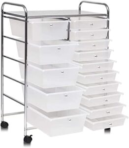 rivallycool 15-drawers rolling storage cart, mobile book paper organizer utility trolley with wheels, ideal for school, office, home (clear)