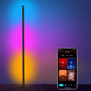 heywasai corner modern floor lamp, color changing dimmable led corner floor lamp control through app, rgbic corner lamp dc 12v, music sync timing, lighting modes corner led lamp for all rooms