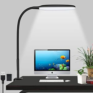 celyst led desk lamp with clamp, 10w flexible gooseneck swing arm clip lamp with usb plug, 3 color modes, 30 brightness levels, eye-caring portable desk light for home office reading working (black)