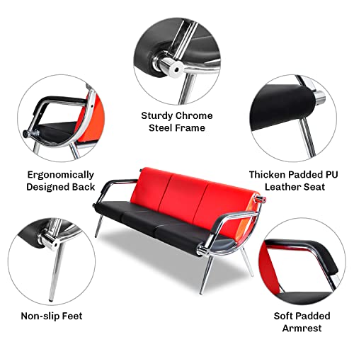 Bestmart INC Office Reception Sofa Set PU Leather Visitor Guest Sofa Executive Side Waiting Room Chair Set, one 3-Seat Sofa & Two 1-Seat Chair, Modern Red & Black