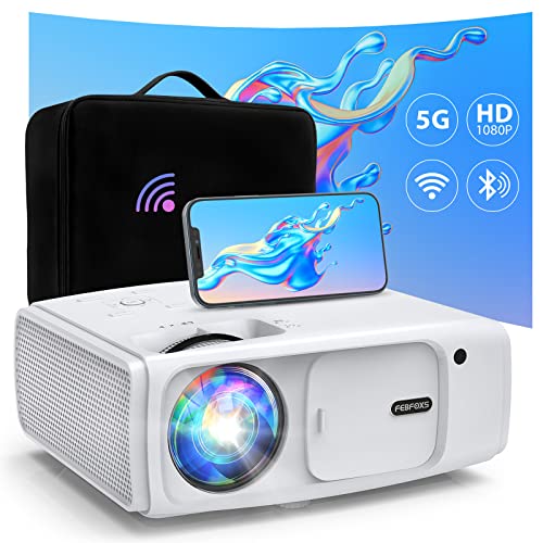 Febfoxs Projector with WiFi and Bluetooth - 1080P UHD Movie Projector with Bag, 4K, Zoom, Sleep Timer Supported, Bluetooth Projector Compatible w/Laptop/Smart Phone/PS5