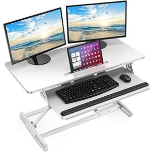 abovetek standing desk converter, 36″ stand up desk riser with gel wrist rest, tabletop sit stand desk fits dual monitors, two tiered adjustable height desk with removal keyboard tray, white