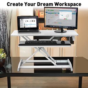 AboveTEK Standing Desk Converter, 36" Stand Up Desk Riser with Gel Wrist Rest, Tabletop Sit Stand Desk Fits Dual Monitors, Two Tiered Adjustable Height Desk with Removal Keyboard Tray, White