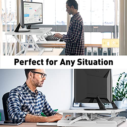 AboveTEK Standing Desk Converter, 36" Stand Up Desk Riser with Gel Wrist Rest, Tabletop Sit Stand Desk Fits Dual Monitors, Two Tiered Adjustable Height Desk with Removal Keyboard Tray, White