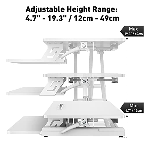 AboveTEK Standing Desk Converter, 36" Stand Up Desk Riser with Gel Wrist Rest, Tabletop Sit Stand Desk Fits Dual Monitors, Two Tiered Adjustable Height Desk with Removal Keyboard Tray, White