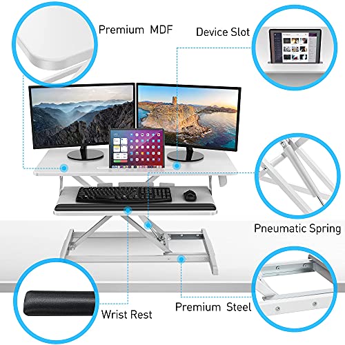 AboveTEK Standing Desk Converter, 36" Stand Up Desk Riser with Gel Wrist Rest, Tabletop Sit Stand Desk Fits Dual Monitors, Two Tiered Adjustable Height Desk with Removal Keyboard Tray, White