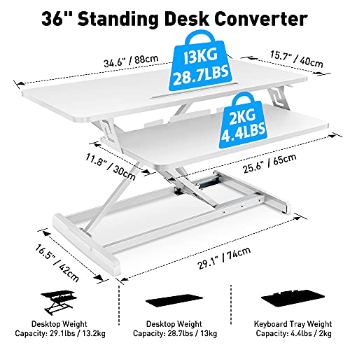 AboveTEK Standing Desk Converter, 36" Stand Up Desk Riser with Gel Wrist Rest, Tabletop Sit Stand Desk Fits Dual Monitors, Two Tiered Adjustable Height Desk with Removal Keyboard Tray, White