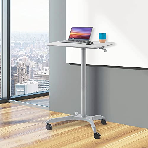 Seville Classics Airlift Height Adjustable Pneumatic Laptop Sit Stand Desk Mobile Rolling Cart Computer Workstation for Home Office, Classroom, 28" XL Desktop (New Model), White