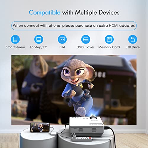 AuKing Projector, 2023 Upgraded Mini Projector, 7500 lumens Multimedia Home Theater Video Projector, Compatible with Full HD 1080P HDMI, USB, VGA, AV, Smartphone, Pad, TV Box, Laptop