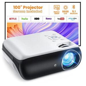happrun projector, native 1080p bluetooth projector with 100”screen, 9500l portable outdoor movie projector compatible with smartphone, hdmi,usb,av,fire stick, ps5