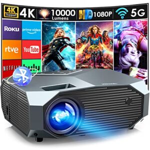 projector with 5g wifi & bluetooth, yowhick 10000l full hd 1080p outdoor portable video projector support 4k, home theater movie projector compatible with hdmi, vga, usb, laptop, ios & android phone