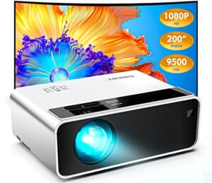 mini projector, cibest outdoor projector 1080p full hd, 2023 upgraded 9500l portable projector, small home movie projector 200″ supported, compatible with ps4, pc via hdmi, vga, av, and usb