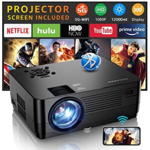 5g wifi bluetooth native 1080p projector[projector screen included], roconia 12000lm full hd movie projector, 300″ display support 4k home theater,compatible with ios/android/xbox/ps4/tv stick/hdmi