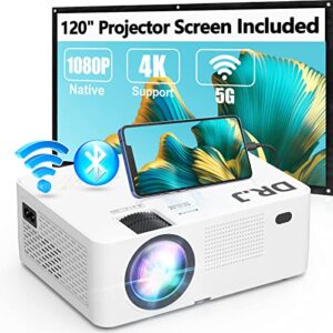 5g wifi bluetooth projector, full hd native 1080p projector 9500lumens with wireless mirroring screen, compatible with tv stick/hdmi/dvd player/av for theater movies [120″ projector screen included]