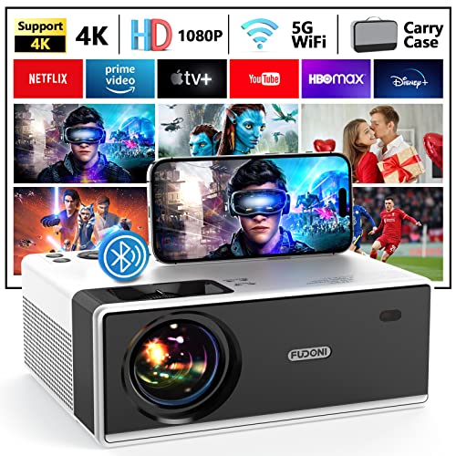 FUDONI Projector with 5G WiFi and Bluetooth, 2023 Upgraded Portable Movie Outdoor 1080P Full HD 400 ANSI Lumen Projector 4K Supported, Home Theater Media Video Projector for Phone/PC/USB/TV Stick/PS5