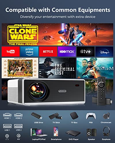 FUDONI Projector with 5G WiFi and Bluetooth, 2023 Upgraded Portable Movie Outdoor 1080P Full HD 400 ANSI Lumen Projector 4K Supported, Home Theater Media Video Projector for Phone/PC/USB/TV Stick/PS5