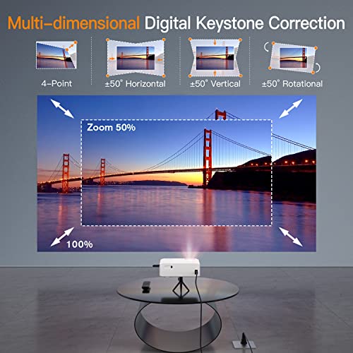 Projector with WiFi and Bluetooth, 6D/4P Keystone 480 ANSI VISSPL 5G Native 1080P Projector 4K Supported, 50% Zoom Outdoor Movie Projector for iOS & Android Phone, Laptop, HDMI, USB, TV Box