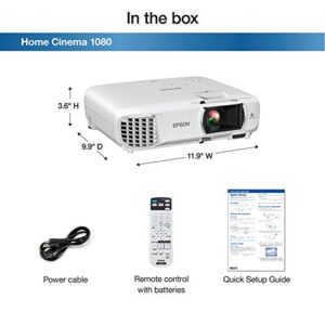 Epson Home Cinema 1080 3-chip 3LCD 1080p Projector, 3400 lumens Color and White Brightness, Streaming/Gaming/Home Theater, Built-in Speaker, Auto Picture Skew, 16,000:1 Contrast, Dual HDMI - White