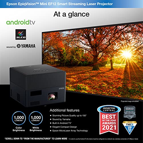 Epson EpiqVision Mini EF12 Smart Streaming Laser Projector, HDR, Android TV, Movies, Family Gaming, Portable, sound by Yamaha, 3LCD, Full HD 1080p, 1000 lumens Color & White Brightness Bluetooth Black