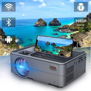 Portable Mini Projector with WiFi & Bluetooth, Full HD 1080P Supported Outdoor Movie Projector Wireless Phone Mirroring, Smart Home Android Projector Digital Zoom for HDMI,USB,Laptop,PC,TV Stick,DVD