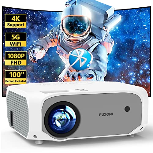 FUDONI Projector with 5G WiFi and Bluetooth, 10000L Native 1080P Portable Outdoor Video Projector 4K Supported, Home Theater Movie Projector with Screen for Phone/PC/TV Stick/PS5