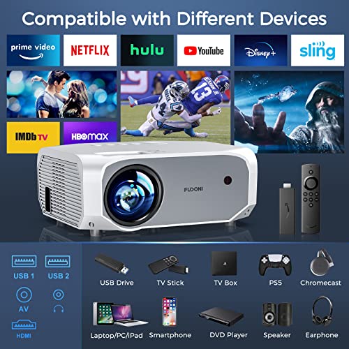 FUDONI Projector with 5G WiFi and Bluetooth, 10000L Native 1080P Portable Outdoor Video Projector 4K Supported, Home Theater Movie Projector with Screen for Phone/PC/TV Stick/PS5