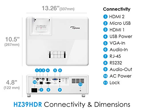 Optoma HZ39HDR Laser Home Theater Projector with HDR | 4K Input | 4000 lumens | Lamp-Free Reliable Operation 30,000 hours | Easy Setup with 1.3X Zoom | Quiet Operation 32dB | Crestron Compatible,White