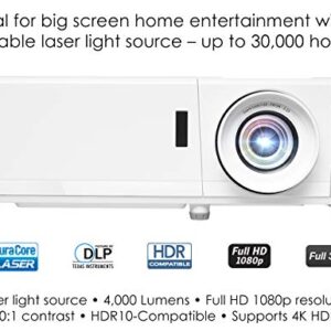 Optoma HZ39HDR Laser Home Theater Projector with HDR | 4K Input | 4000 lumens | Lamp-Free Reliable Operation 30,000 hours | Easy Setup with 1.3X Zoom | Quiet Operation 32dB | Crestron Compatible,White