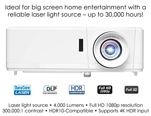 Optoma HZ39HDR Laser Home Theater Projector with HDR | 4K Input | 4000 lumens | Lamp-Free Reliable Operation 30,000 hours | Easy Setup with 1.3X Zoom | Quiet Operation 32dB | Crestron Compatible,White