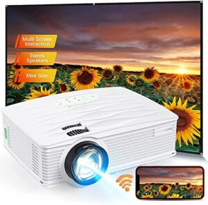 projector, poner saund wifi mini projector 1080p supported home outdoor video projector, 5500 lux 210″ display movie projector, compatible with phone, computer, laptop, usb, hdmi, vga