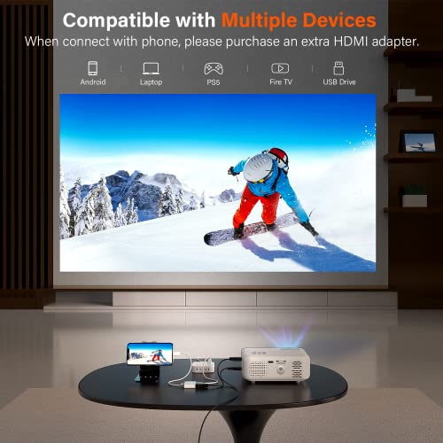 Mini Projector, VOPLLS 1080P Full HD Supported Video Projector, Portable Outdoor Home Theater Movie Projector, 50% Zoom, Compatible with HDMI, USB, AV, Smartphone/Tablet/Laptop/PC/TV Box