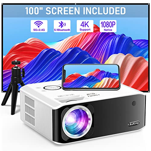 AuKing Projector with WiFi and Bluetooth, 2023 Upgrade Native 1080P 4K Projector Supported, 480 ANSI Outdoor Projector with 100" Screen and Tripod, 400" Home Projector for HDMI/USB/TV Box/Android/iOS