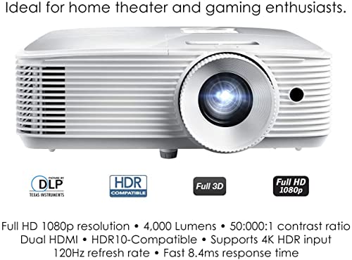 Optoma HD39HDRx High Brightness HDR 1080p Home Theater Projector | 120Hz Refresh Rate | 4,000 Lumens | Fast 8.4ms Response time with 120Hz | Easy Setup, 1.3X Zoom | 4K Input | Quiet 26 dB Operation