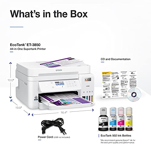 Epson EcoTank ET-3850 Wireless Color All-in-One Cartridge-Free Supertank Printer with Scanner, Copier, ADF and Ethernet – The Perfect Printer Home Office