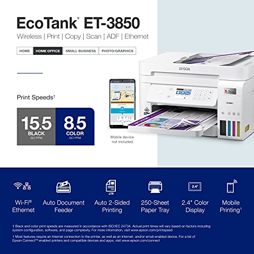 Epson EcoTank ET-3850 Wireless Color All-in-One Cartridge-Free Supertank Printer with Scanner, Copier, ADF and Ethernet – The Perfect Printer Home Office