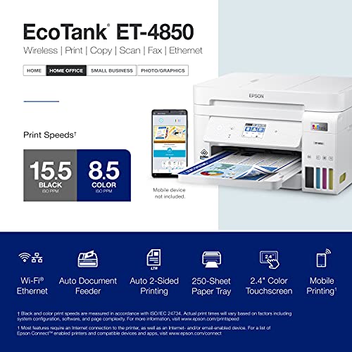 Epson EcoTank ET-4850 Wireless All-in-One Cartridge-Free Supertank Printer with Scanner, Copier, Fax, ADF and Ethernet – The Perfect Printer Office - White