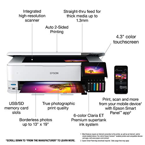 Epson EcoTank Photo ET-8550 Wireless Wide-Format All-in-One Supertank Printer with Scanner, Copier, Ethernet and 4.3-inch Color Touchscreen