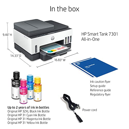 HP Smart -Tank 7301 Wireless All-in-One Cartridge-free Ink Printer, up to 2 years of ink included, mobile print, scan, copy, automatic document feeder (28B70A)