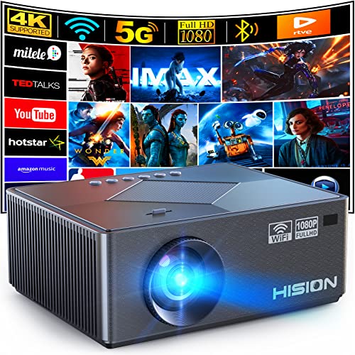 Movie Projector, HISION 5G WiFi Bluetooth Projector Native 1080P Projector 4K Support Oudoor Mini Projector for iPhone Home LED TV Projector Compatible with TV Stick Laptop Tablet PC HDMI USB TF DVD