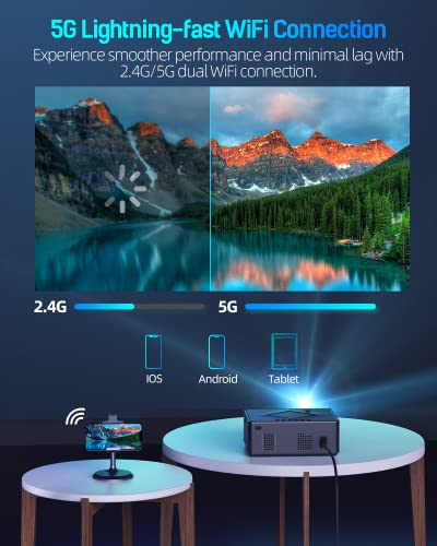 Movie Projector, HISION 5G WiFi Bluetooth Projector Native 1080P Projector 4K Support Oudoor Mini Projector for iPhone Home LED TV Projector Compatible with TV Stick Laptop Tablet PC HDMI USB TF DVD