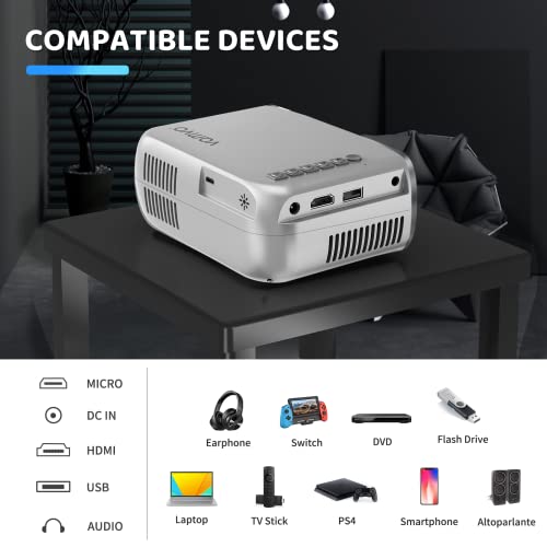 Vamvo Mini Projector for iPhone, Video Projector Full HD 1080P Supported, Portable Movie Projector Compatible with TV stick/PS4/HDMI/USB, iOS & Android