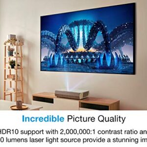 Optoma CinemaX P2 White Smart 4K UHD Laser Projector for Home Theater | 3000 Lumens Superior Image with Laser & 6-Segment Color Wheel | Ultra-Short Throw | Built-in Soundbar | Works w/ Alexa & Google