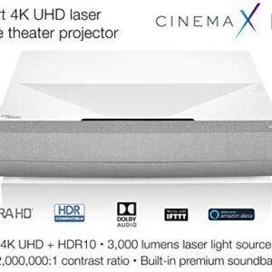 Optoma CinemaX P2 White Smart 4K UHD Laser Projector for Home Theater | 3000 Lumens Superior Image with Laser & 6-Segment Color Wheel | Ultra-Short Throw | Built-in Soundbar | Works w/ Alexa & Google