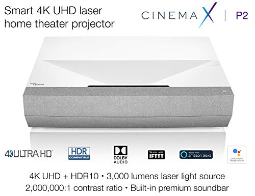 Optoma CinemaX P2 White Smart 4K UHD Laser Projector for Home Theater | 3000 Lumens Superior Image with Laser & 6-Segment Color Wheel | Ultra-Short Throw | Built-in Soundbar | Works w/ Alexa & Google