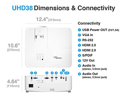 Optoma UHD38 Bright, True 4K UHD Gaming Projector | 4000 Lumens | 4.2ms Response Time at 1080p with Enhanced Gaming Mode | Lowest Input Lag on 4K Projector | 240Hz Refresh Rate | HDR10 & HLG