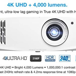 Optoma UHD38 Bright, True 4K UHD Gaming Projector | 4000 Lumens | 4.2ms Response Time at 1080p with Enhanced Gaming Mode | Lowest Input Lag on 4K Projector | 240Hz Refresh Rate | HDR10 & HLG