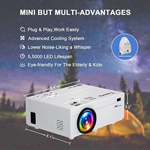 Ysametp Mini Projector, 1080P Full HD Supported 180” Screen Video Projector, 11000Lux Home Theater Movie Projector Compatible with TV Stick HDMI VGA USB AV PC TF Android/iPhone