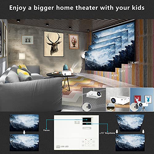 Projector 9500 Lumens Portable Video Projector, 200“ Screen Full HD 1080P Enhanced Mini Movie Projector, Compatible with HDMI USB Smartphone TV Stick PC for Outdoor/Home Projection