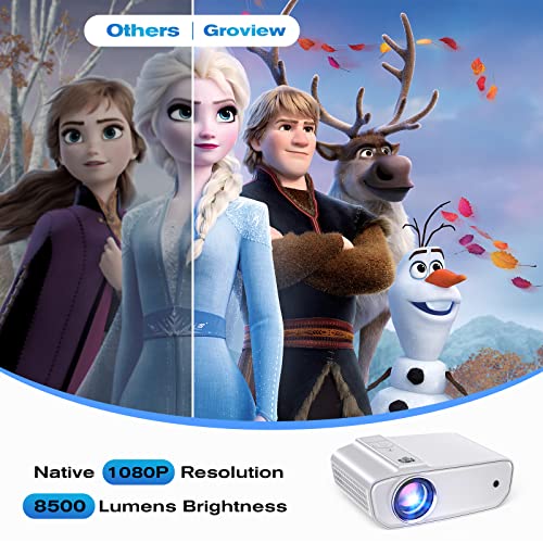 [Upgrade] Groview Mini Bluetooth Projector with 1080P Resolution - 8500 LUX Brightness, Portable Design with Bluetooth 5.1, 5-Watt Dual Stereo Speakers and 250 Inch Display Support for Home Theater